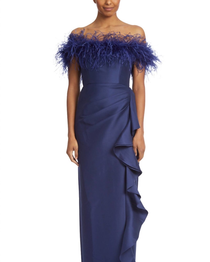 Front of a model wearing a size 10 Feather Ruffle Off-Shoulder Gown In Navy in Navy by Badgley Mischka. | dia_product_style_image_id:346487